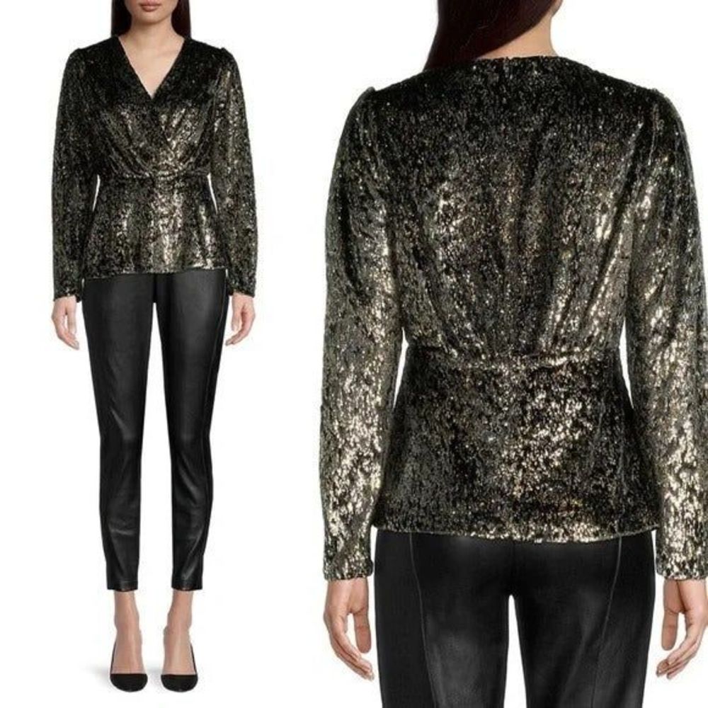 NWT Elie Tahari Black Gold Faux Wrap Velvet Fuzzy Peplum Blouse 2 $365 ga gg